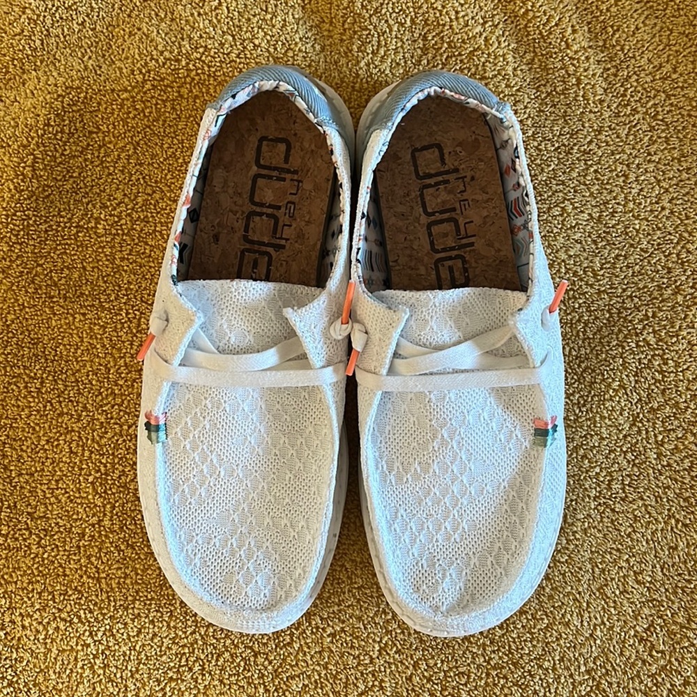Hey Dude Women's White Lace Slip-On Loafers with Coral Accents